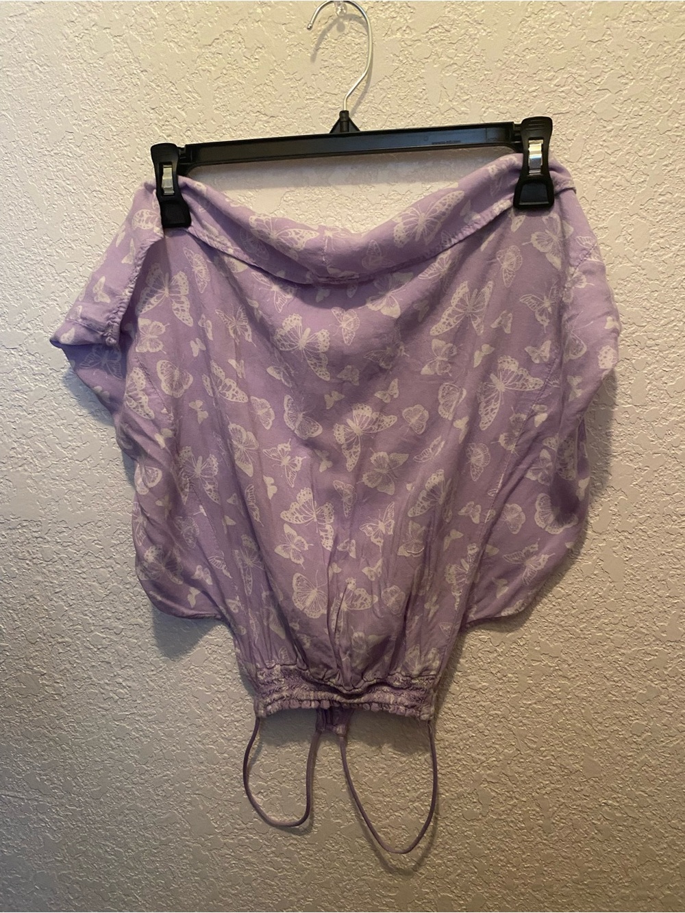 Lavender Butterfly Print Women's Blouse with Drawstring Hem
